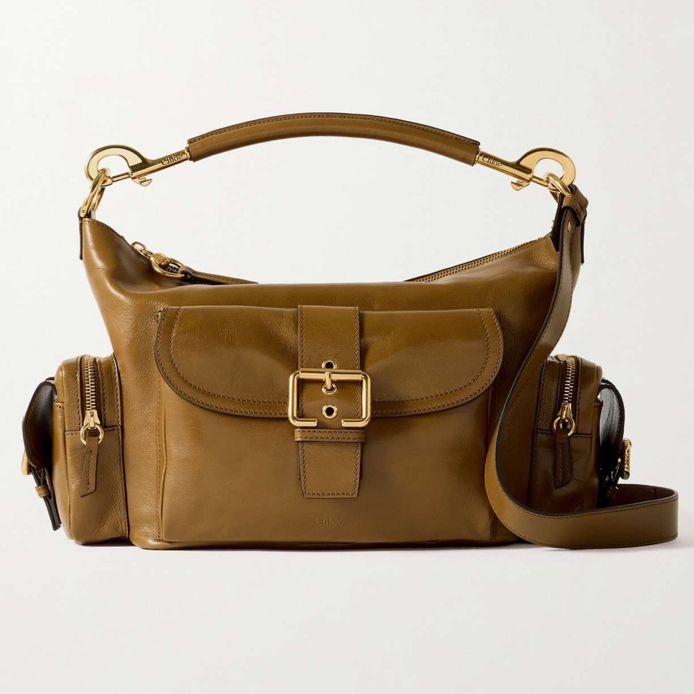 Chloe Camera Bag Purse in Shiny Leather Dark Khaki Green / Brown
